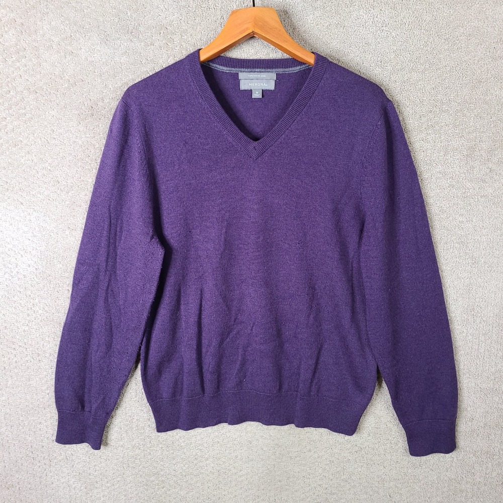 Merona Sweater Mens M Purple 100% Merino‎ Wool V Neck Long Sleeve Pullover